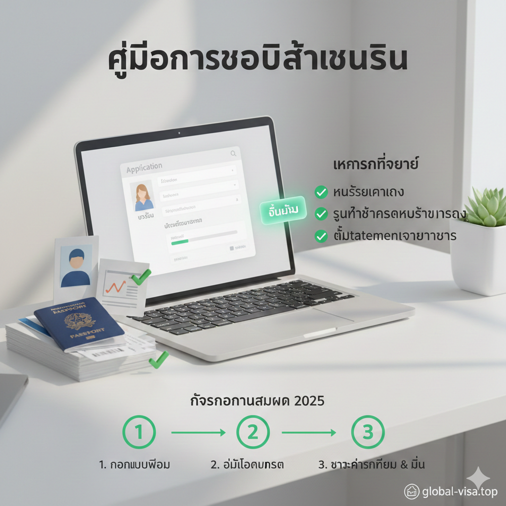 A detailed step-by-step tutorial visual showing a clean workspace with a laptop open to an online application form. On the side, there is a clear checklist including a passport-sized photo, a bank statement, and a flight ticket. Small 3D icons like a 'Checkmark' and a 'Submit button' float near the screen to represent the application process. The style is bright and organized, using soft shadows and a professional business-casual aesthetic to guide the reader through the 2025 application steps.