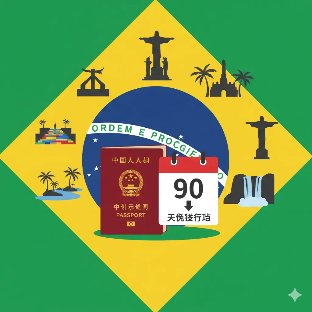 展示政策核心的功能性插画。背景是巴西国旗的绿黄底色,中心位置并列展示中国护照与象征‘90天免签’的日历图标,周围散落着巴西著名地标(如塞勒隆台阶、亚马逊雨林)的小型剪影。构图平衡,采用矢量商务风格,色调专业且充满活力,旨在清晰传递‘90天停留期’的政策核心信息。