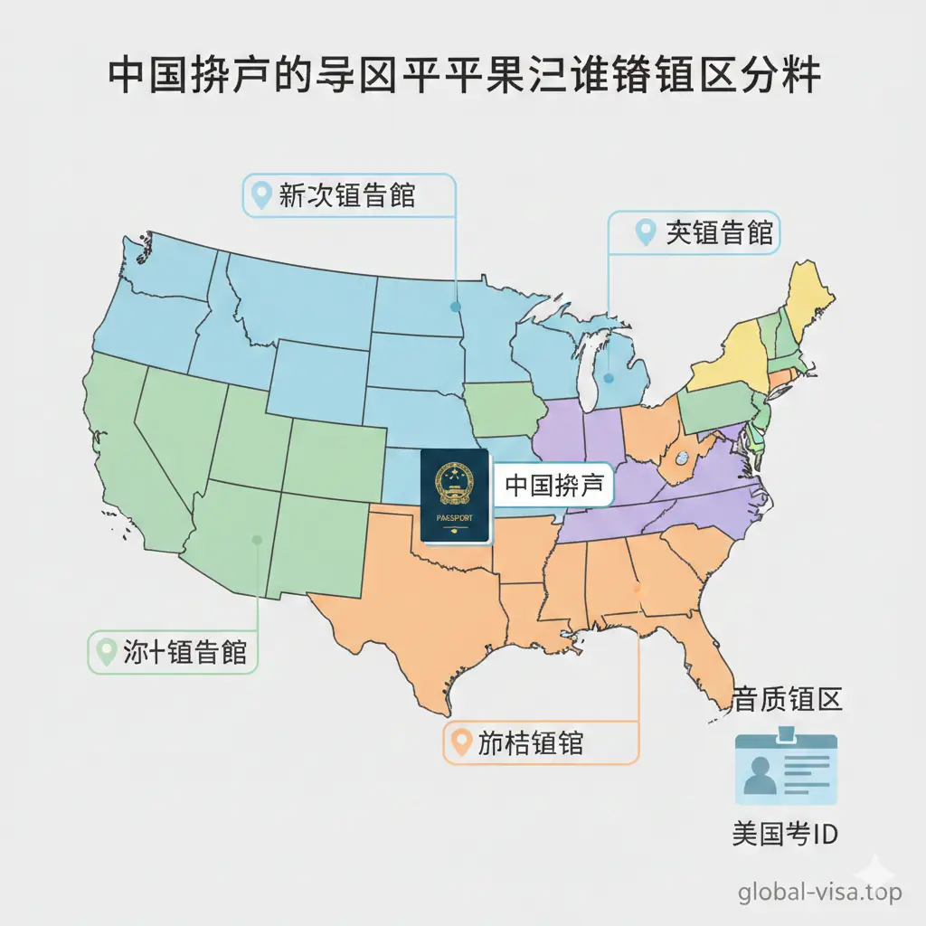 一张清晰的扁平化风格插图，展示美国领区划分图。地图上用不同颜色标注出纽约、洛杉矶、休斯顿、芝加哥等巴西领事馆的管辖范围。图中包含护照、定位图标和州ID元素，背景为干净的浅灰色。整体设计现代化，方便用户快速理解属地管辖原则，色彩搭配和谐，具有很强的功能性引导。