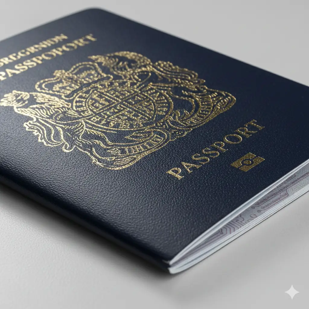 极具质感的微距特写镜头，聚焦于新版英国护照独特的深蓝色封面纹理。光线明亮且均匀，清晰地展示出仿皮材质的细腻颗粒感以及凹凸有致的金色字体细节。画面一角可以看到内部聚碳酸酯数据页的边缘，暗示其高安全性设计。背景采用纯净的灰白色实验室风格，无任何干扰元素，旨在向用户通过视觉传达护照的高端材质和精准的色彩还原。