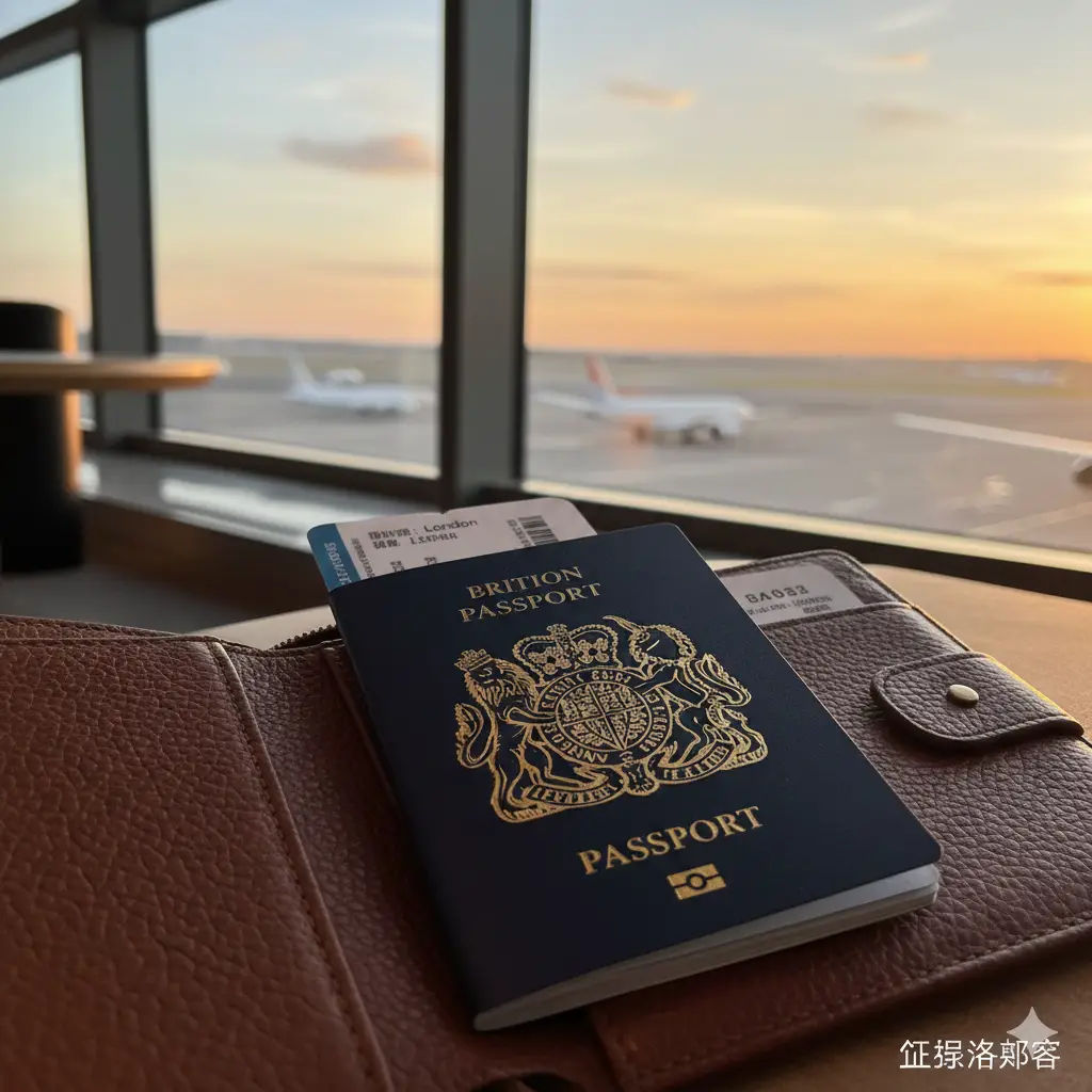 一张充满生活气息的高端旅行场景图，展示一本崭新的深蓝色英国护照被妥善放置在质感高级的棕色皮质旅行钱包中，旁边露出一张飞往伦敦的登机牌。背景是机场贵宾休息室的模糊景象，透过落地窗可以看到停机坪上飞机的轮廓。暖色调的夕阳余晖洒在护照封面上，营造出温暖、令人向往的氛围，总结了拥有正确颜色的有效护照后开启全球自由旅行的美好愿景。