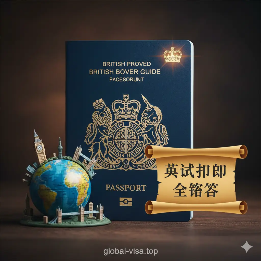 特写镜头下的新版深蓝色英国护照，封面设计简洁大气，右上角有亮金色皇冠标志。护照下方放置一张展开的英国地图或伦敦地标的微缩景观。整体风格为高端、专业、略带英伦复古的深沉色调，突出“全攻略”的主题。构图采用三分法，将护照置于画面中心偏左，营造权威感。