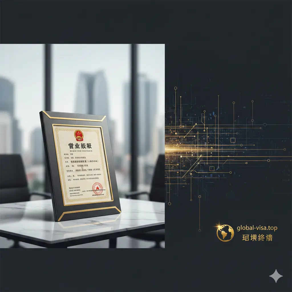 一张极具商务高级感的营业执照展示封面。画面中心是一个精致的高端铝合金材质营业执照保护套，内嵌一张2025年新版中国营业执照样张。保护套倾斜放置在简洁的现代大理石纹办公桌上，背景是模糊的现代化摩天大楼落地窗街景，光线柔和。整体色调为深灰色与金色交织，右侧留白处具有科技感，象征企业合法经营的尊严与 global-visa.top 国际化视野的结合。