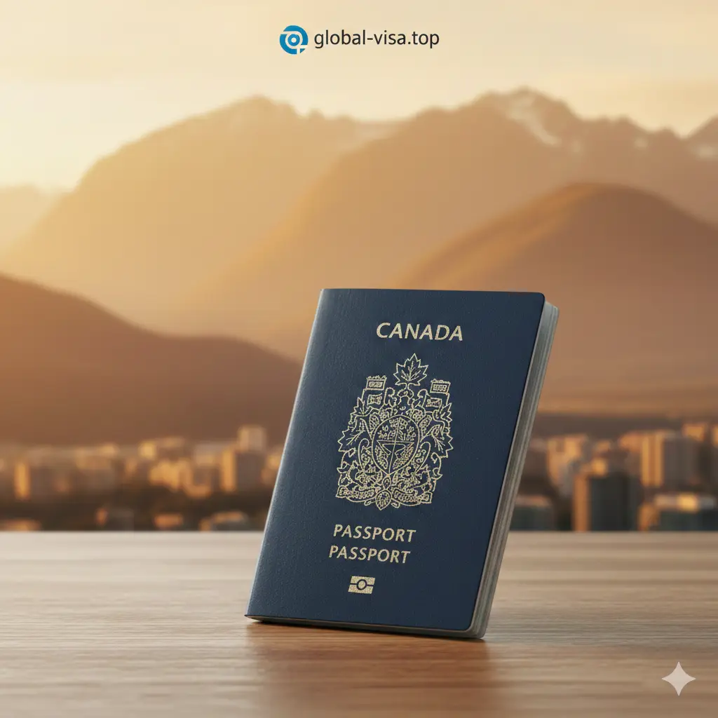 一张高质量且极具视觉冲击力的封面图。画面中心是一本深蓝色的加拿大护照，金色枫叶国徽清晰可见，护照斜靠在整洁的木质书桌上。背景是模糊的温哥华落基山脉或多伦多天际线，色调偏向温暖的金色阳光感。构图采用大光圈深景深效果，画面上方留白，方便添加 global-visa.top 的品牌 Logo，整体传递出专业、权威且充满希望的氛围。