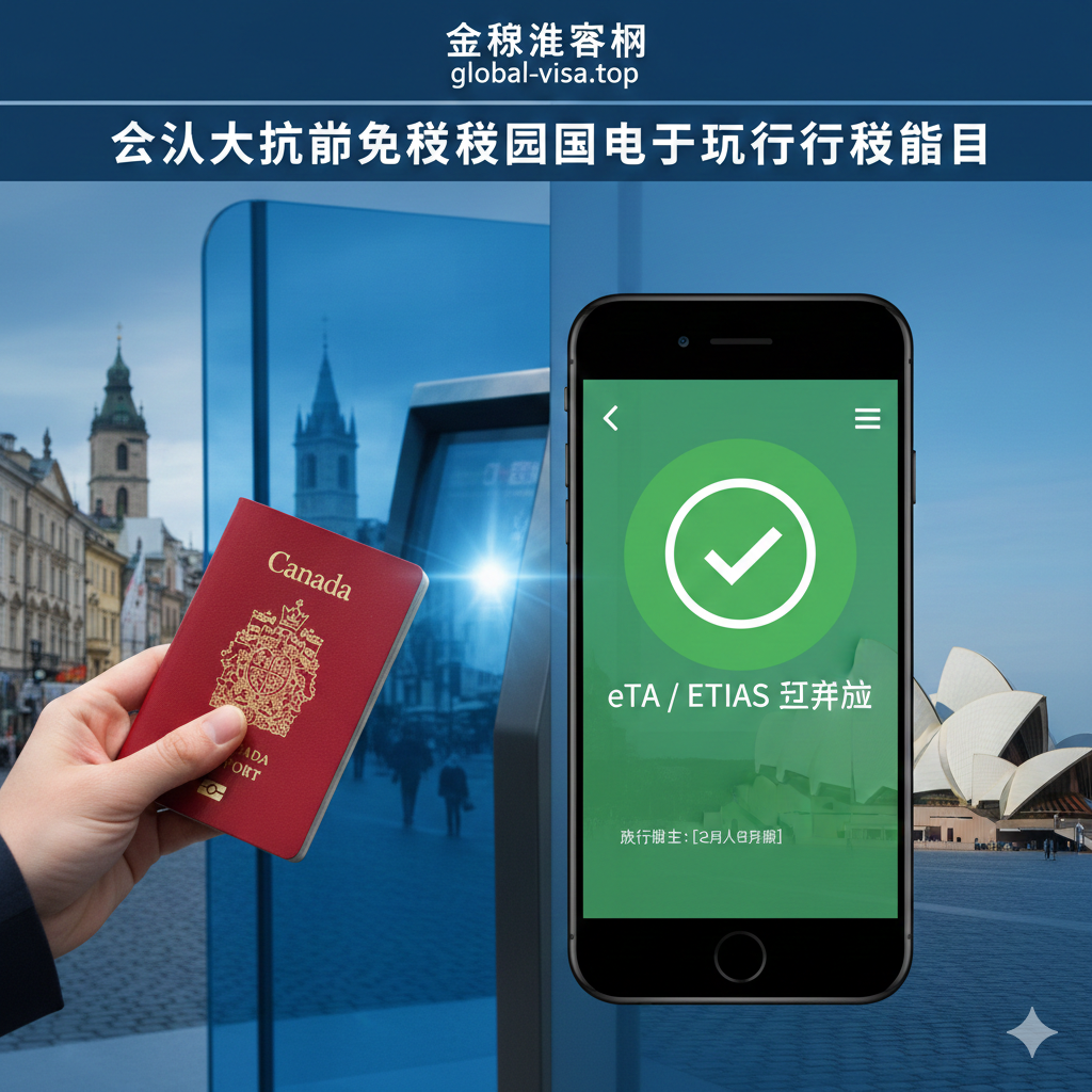 一张具有指导意义的构图图片，左侧展示一只手拿着加拿大护照准备通过机场的电子闸机，右侧展示一部智能手机屏幕，屏幕上清晰显示着‘eTA / ETIAS Approved’的绿色认证图标。背景融合了模糊的欧洲街道和澳大利亚悉尼歌剧院轮廓，暗示不同地区的特殊入境规则。