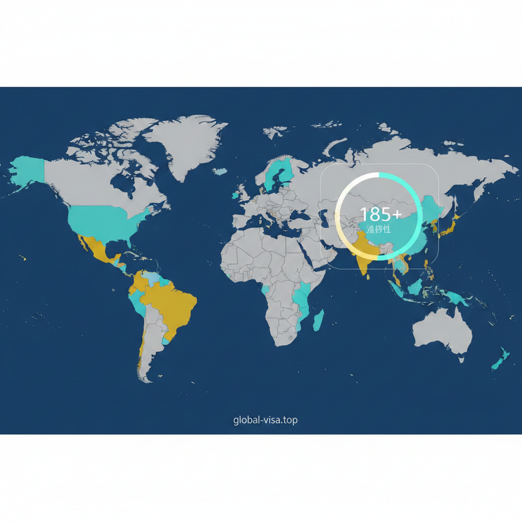 一张现代化的数据可视化风格图片，展示一张扁平化的世界地图。地图上对加拿大护照免签的国家和地区（如北美、欧洲、澳洲）使用了醒目的亮青色或金色高亮显示，与深蓝色的海洋背景形成对比。画面中央或侧边悬浮着‘185+ Destinations’的半透明全息数字图表，直观展示通行范围之广。设计风格简洁、科技感强，旨在快速传达护照的全球排名和含金量数据。