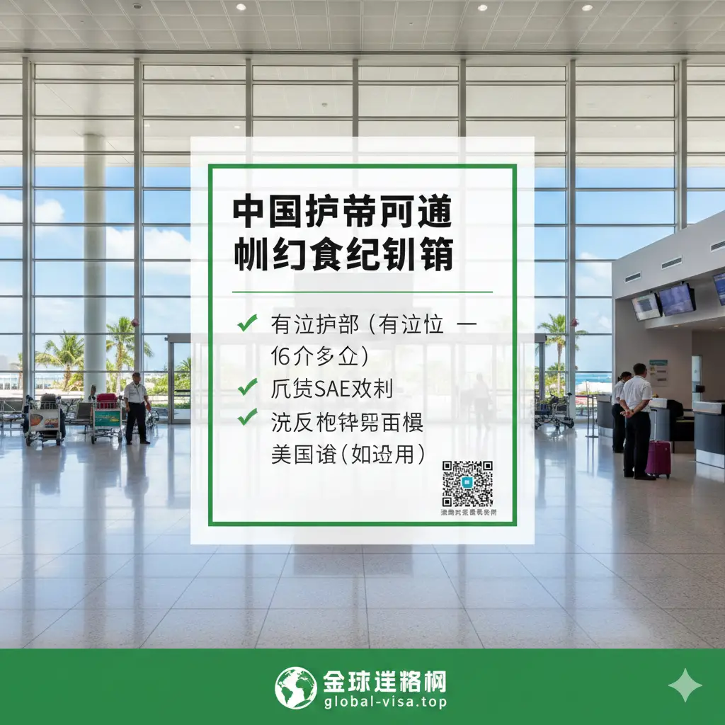 一张内容详实的总结性清单图。画面背景是坎昆机场明亮的航站楼实景。前景悬浮着一张半透明的检查清单，列出了关键要素：有效护照（6个月以上）、纸质SAE文件、回程机票订单、美签（如适用）。画面下方包含global-visa.top的官方LOGO。构图稳定，色彩对比度大，让读者在文章结尾能一眼看清所有必备材料，具有极强的实用指导价值。