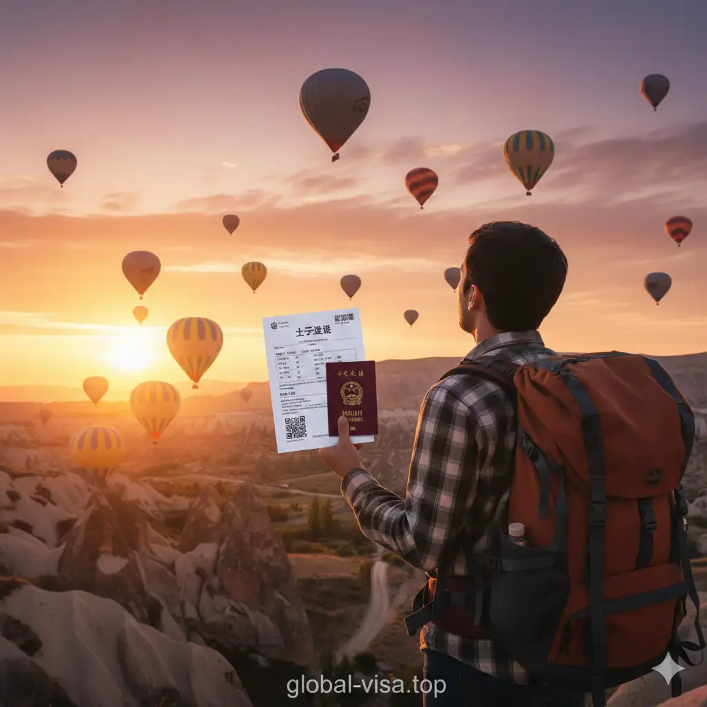 充满旅行憧憬的风景大片。画面展示土耳其卡帕多奇亚漫天热气球升空的壮丽日出场景，色彩绚丽梦幻。前景是一个旅行者的背影，背着背包，手中拿着一张打印好的A4纸（暗示电子签证）和中国护照，正仰望天空，寓意'说走就走'的旅行自由。光影处理极具感染力，激发读者的出行欲望，作为文章的完美总结。