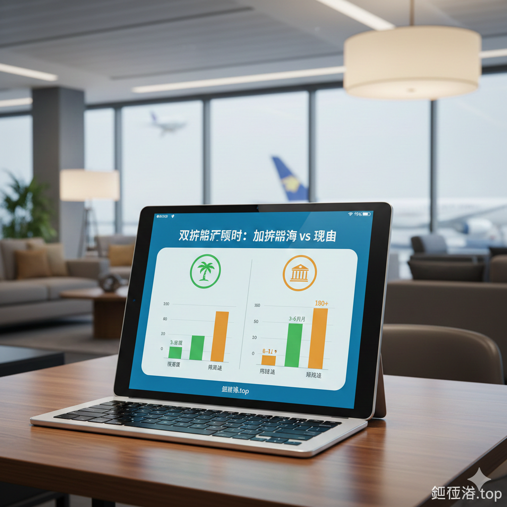 一张具有信息图表风格的3D渲染图。画面主要展示一个放在高级办公桌上的平板电脑屏幕，屏幕上显示着加勒比海项目（配有棕榈树图标）与欧洲项目（配有古建筑图标）的对比柱状图，清晰标注了“投资额”、“办理速度”和“免签数量”等指标。背景是模糊的机场贵宾休息室，色调鲜明且专业，利用数据可视化的元素引导用户进行项目选择，体现教程的实用性和指导性。