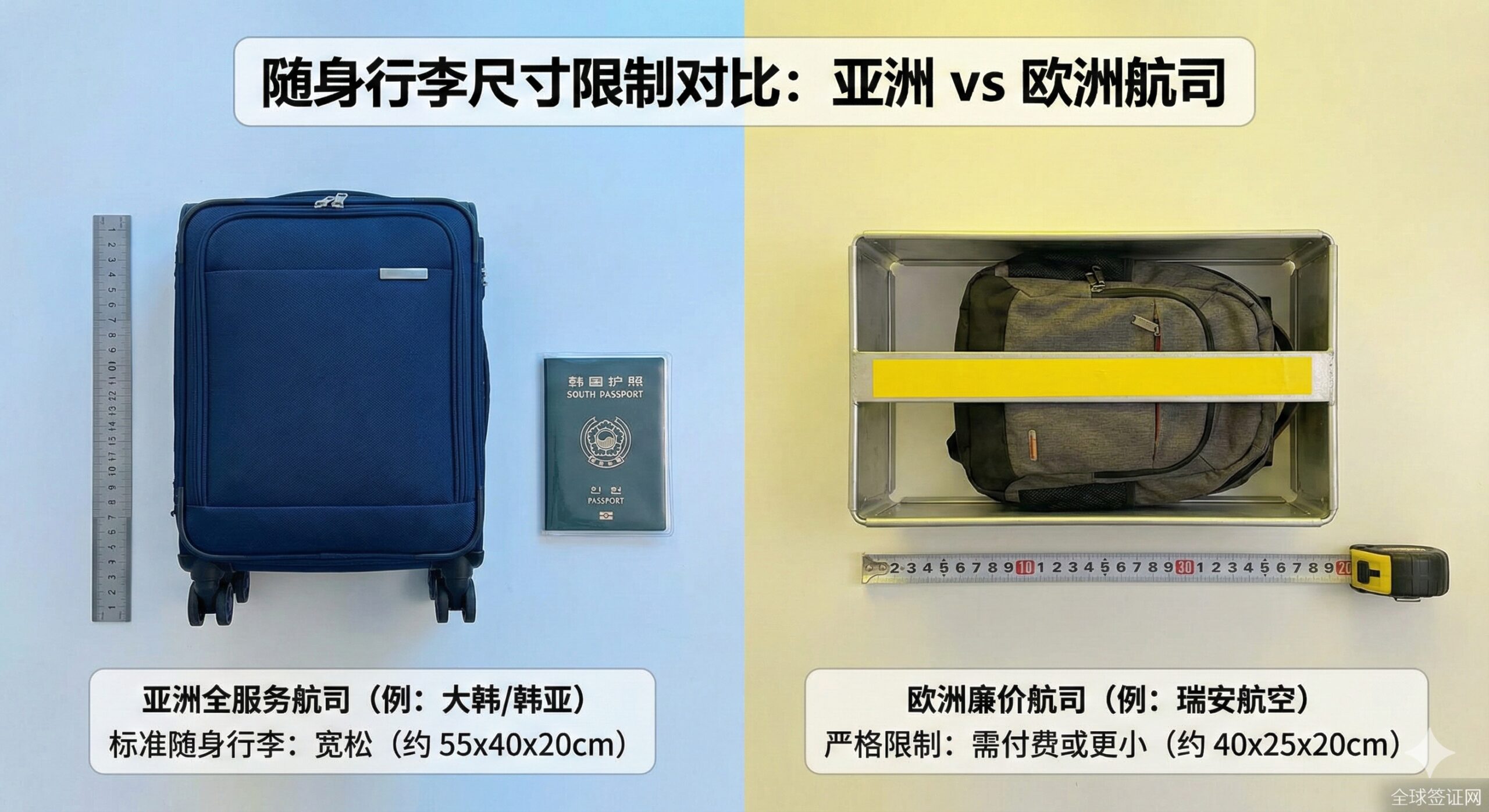 一张对比鲜明的信息图表式摄影图片，旨在展示亚洲全服务航司与欧洲廉价航司行李规定的差异。左侧展示标准的随身行李箱（55x40x20cm），代表大韩或韩亚航空的宽松标准；右侧展示一个严格的金属行李测量框（Sizer）和一个较小的背包，代表瑞安航空等廉航的严格限制。