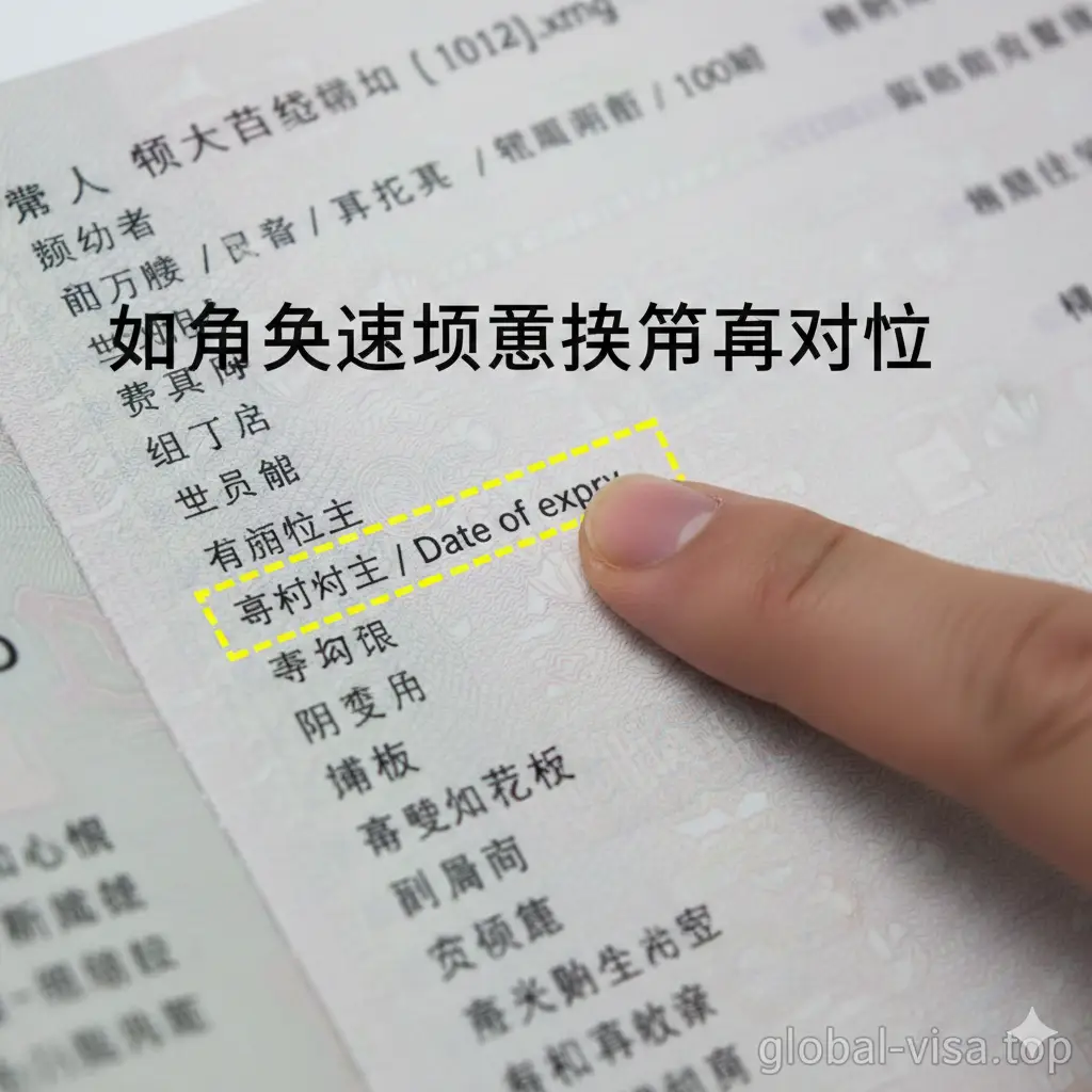一张清晰的护照内页信息页展示图，采用微距拍摄手法。手指正指向‘有效期至 / Date of expiry’字样，周围有亮色的虚线框圈出该区域。图片背景干净，光线明亮均匀，重点突出如何快速找到有效期信息。