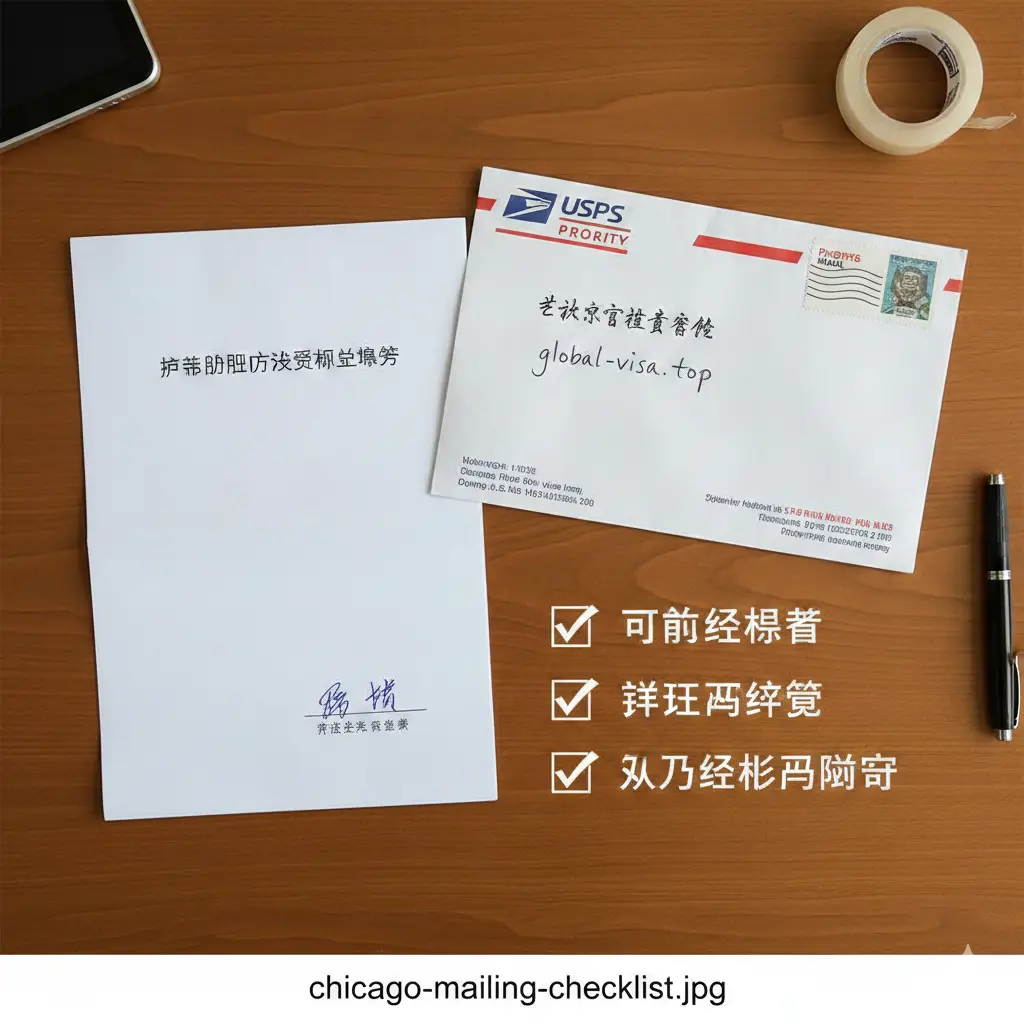 文章总结图片，采用清单核对表的形式呈现。背景是整洁的办公桌面，放着USPS信封和已经签好名的声明书。文字总结了‘下载、填写、邮寄’三个核心步骤。视觉上给人以流程已完成、即将寄出的成功感，构图采用俯视视角，光线自然充足，传达出安心、可靠的氛围。