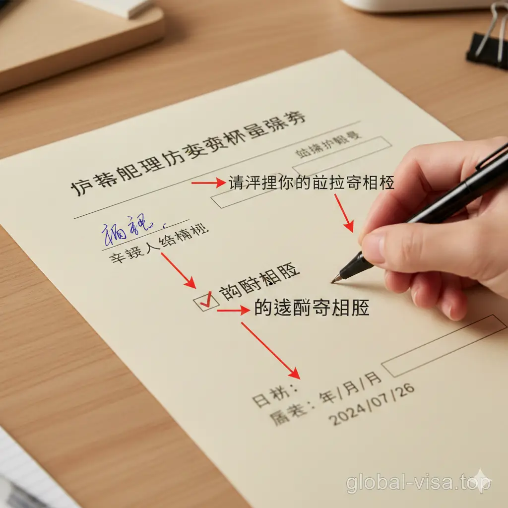 一份精美的分步填写教学图。画面展示声明书的局部放大特写，一只手握笔正在正确的位置进行手写签名演示。图中包含明显的标注箭头，指向‘旧护照号码’、‘勾选邮寄办理’及‘日期格式’等关键区域。色彩温暖，对焦点集中在纸张文字上，具有极强的实操指导意义。