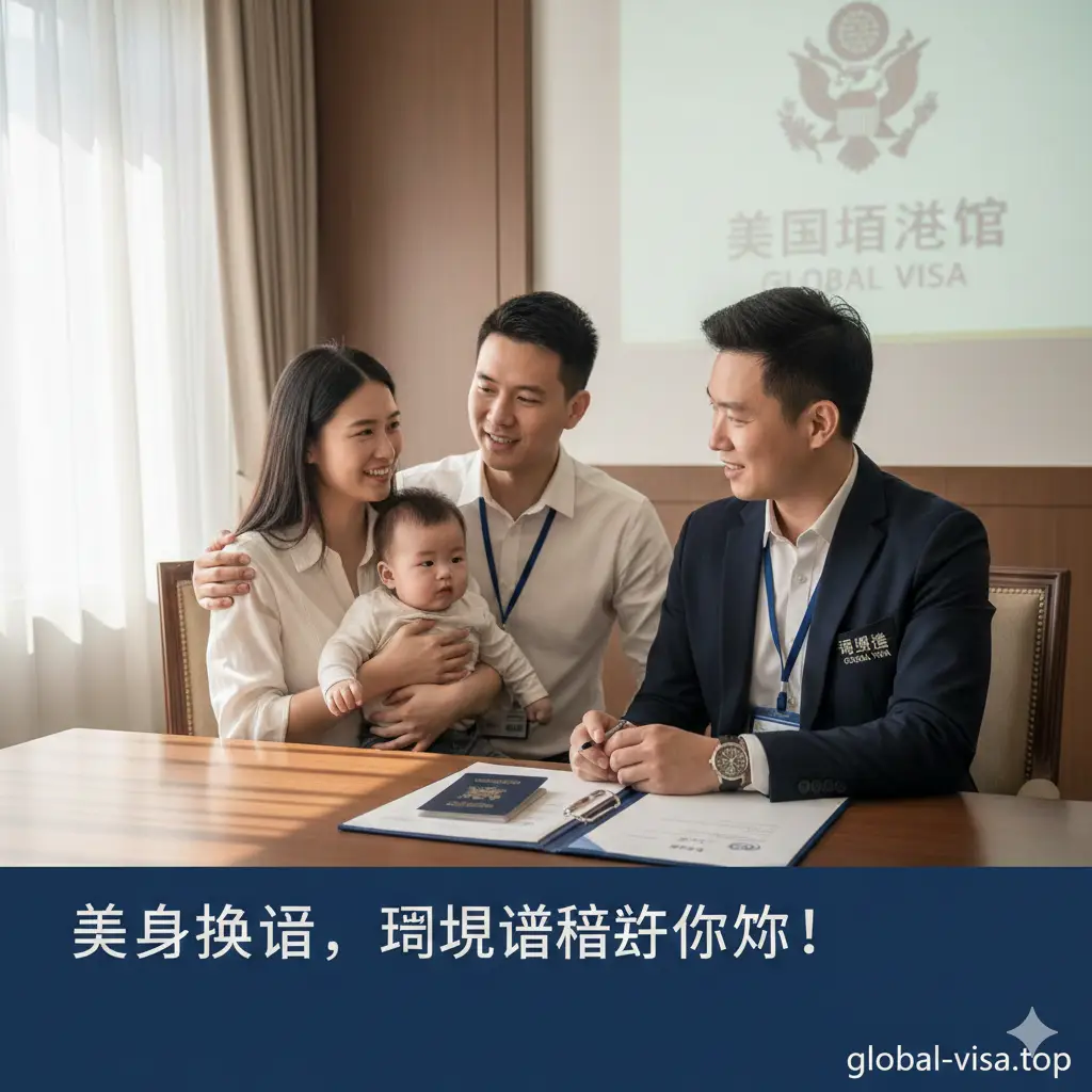 一张体现‘美宝’换证服务优势的情感化图片。画面中一对年轻夫妇在温馨的咨询室里,正带着一个小宝宝与一名专业的顾问(Global Visa顾问形象)交谈,桌上摆放着护照和公证文件。画面通过柔和的侧光表现温馨感,强调专业代办服务的省心与高效,背景隐约可见美国领事馆的标志,传递信任与安全感。