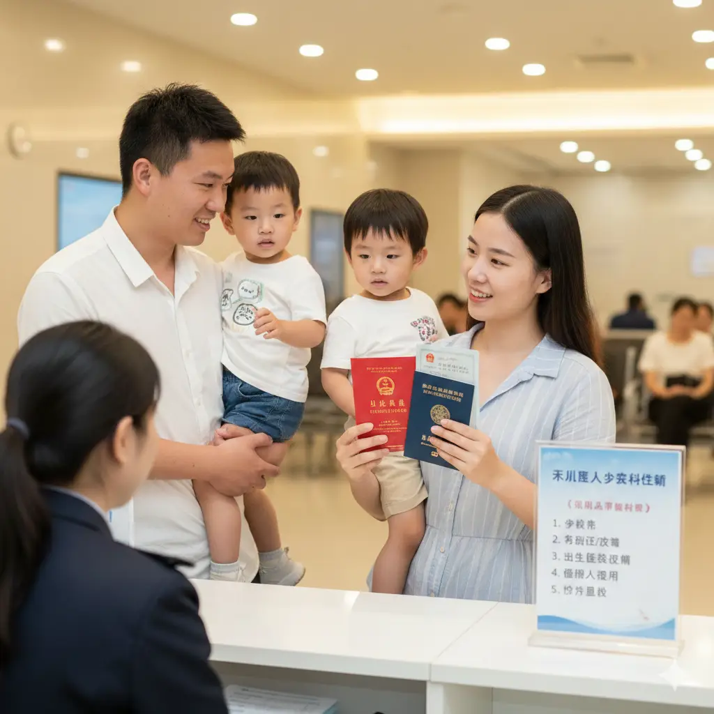 温馨的家庭办事场景,展示为未成年人办理护照的优势。画面中一对年轻父母正带着孩子在出入境大厅的柜台前,他们手中拿着出生医学证明和户口簿。光线柔和,背景带有温暖的色调。画面通过亲切的交互展示出政策的人性化,突出针对儿童办证的清晰清单引导,给人以安心、可靠的视觉感受。