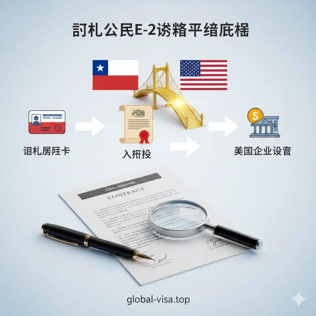 一张清晰的流程引导图，背景是淡蓝色的渐变风格，极具信赖感。画面中心是一个连接智利国旗和美国国旗的金色桥桥梁，象征E-2签证跳板。箭头的流动方向从智利居留卡、入籍证书、最后指向美国企业投资。画面中包含钢笔、合同文件和放大镜元素，排版规整，层级分明，展现了严谨的办证步骤和专业咨询服务。