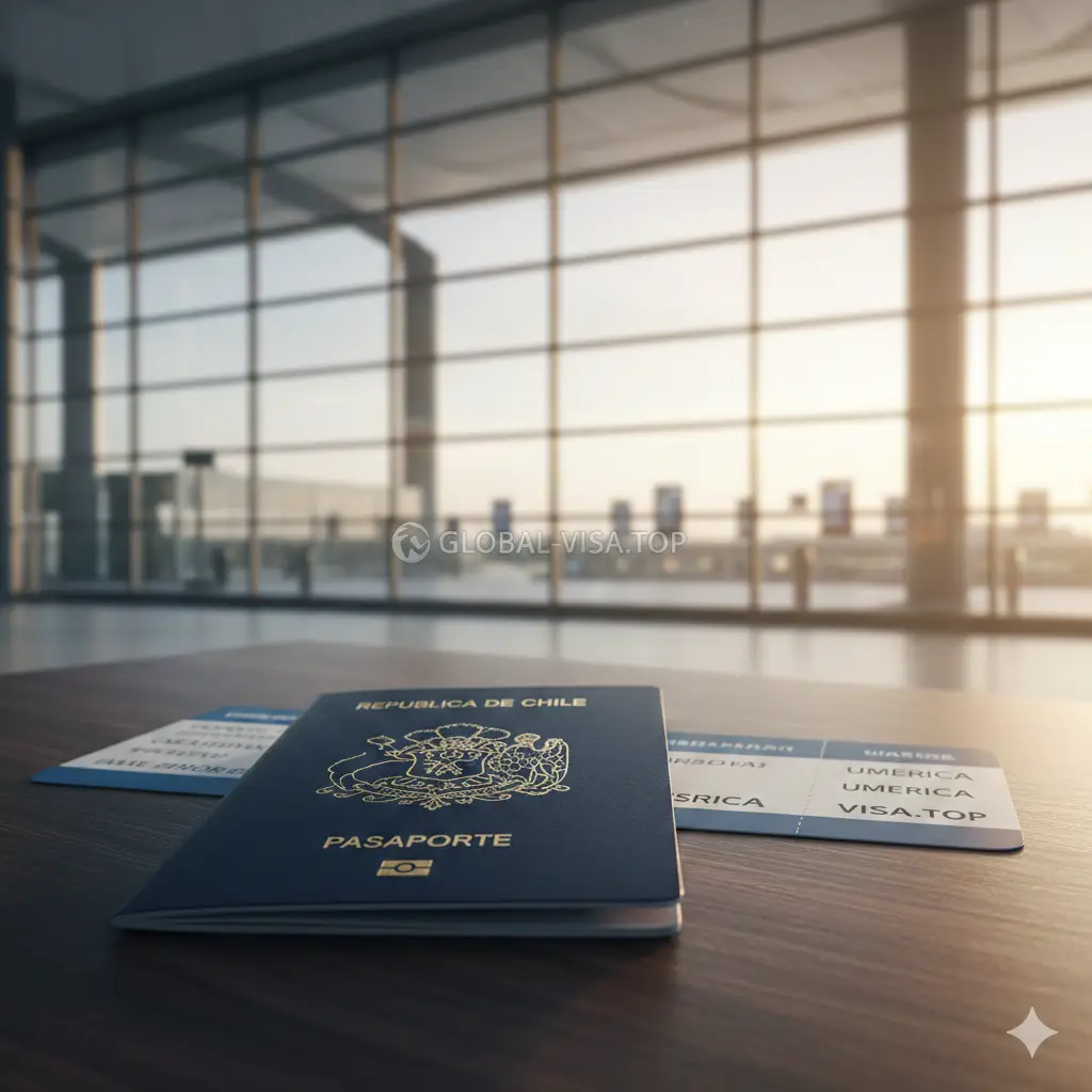 一张高清的智利护照封面特写，护照呈深蓝色，封面上印有精致的智利国徽。护照放置在质感十足的深木色办公桌上，旁边叠放着飞往美国的登机牌。背景是模糊的现代化国际机场航站楼，阳光透过玻璃幕墙洒下，整体色调高端、专业，光影柔和，体现出全球通行的商务精英感。