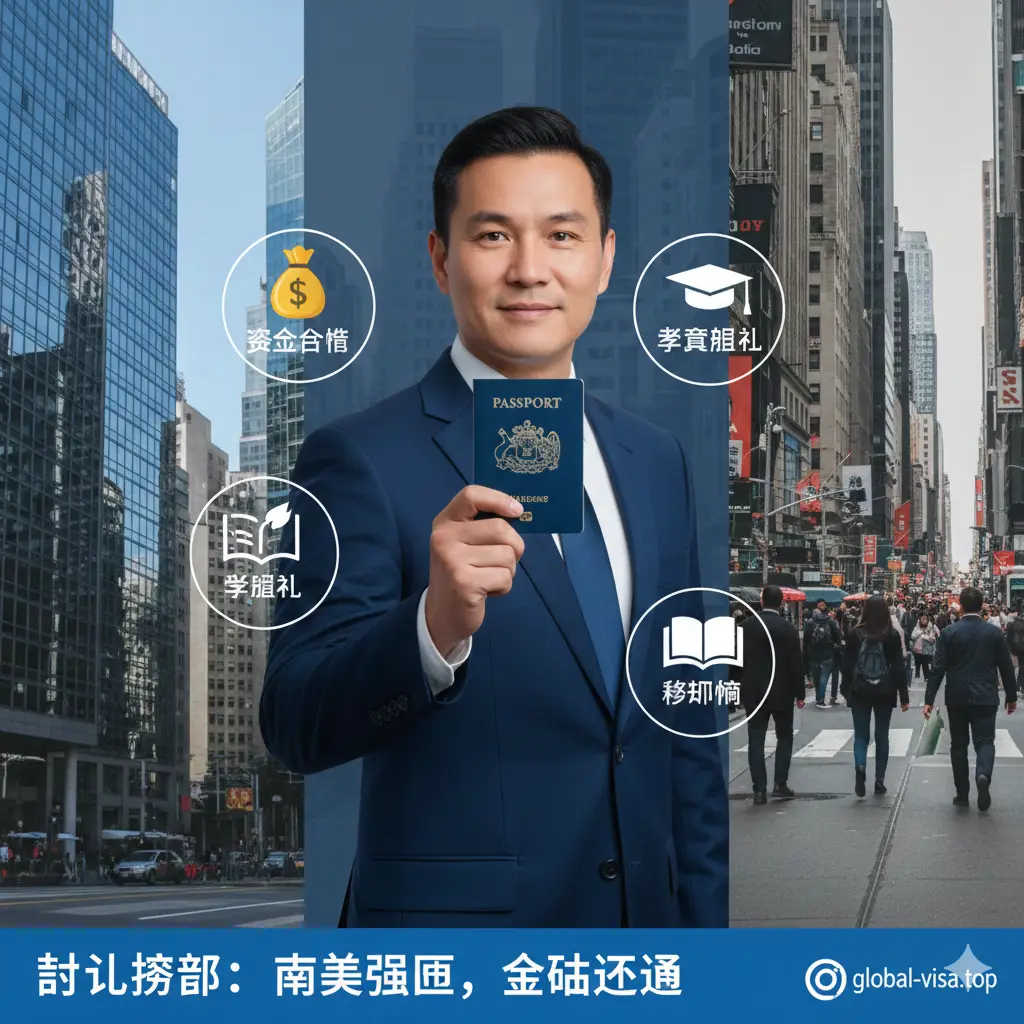 一张展示智利护照多重优势的复合型图片。左侧是智利首都圣地亚哥的高端商务区现代建筑，右侧是纽约华尔街的繁华景象。画面中央是一位身着西装的成功人士自信地手持智利护照。色彩采用商务蓝与沉稳灰，融合了资产配置、教育福利、税务规划等元素符号，突显智利作为南美最强护照的战略价值。