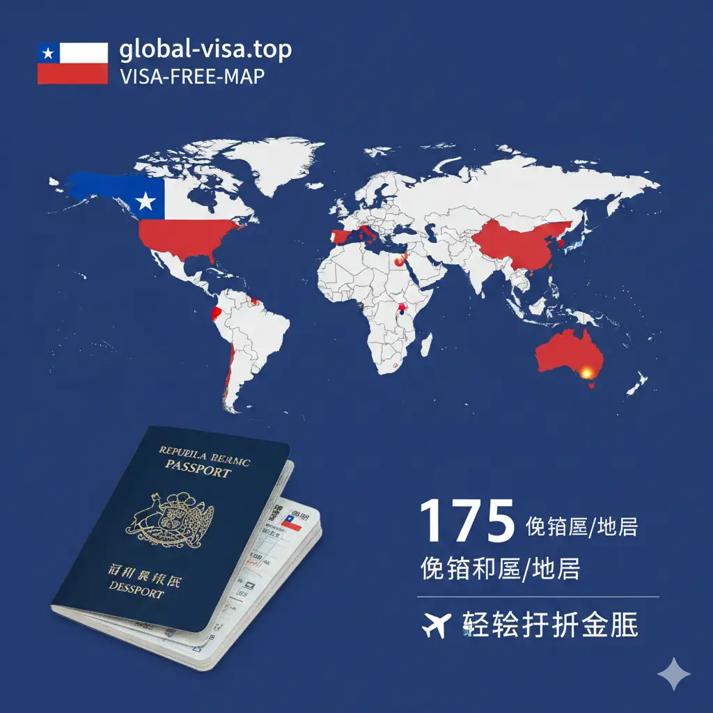 一张创意性的世界地图插画，以明亮的智利国旗色彩为基调。地图上用醒目的标记点亮了智利护照免签的重点区域，包括欧洲申根区、北美（美国、加拿大）和亚太地区。图片左侧有一本翻开的智利护照，右侧则是简洁的图标展示175个免签国的成就。构图现代，色彩鲜艳，具有强烈的视觉冲击力和功能引导性。