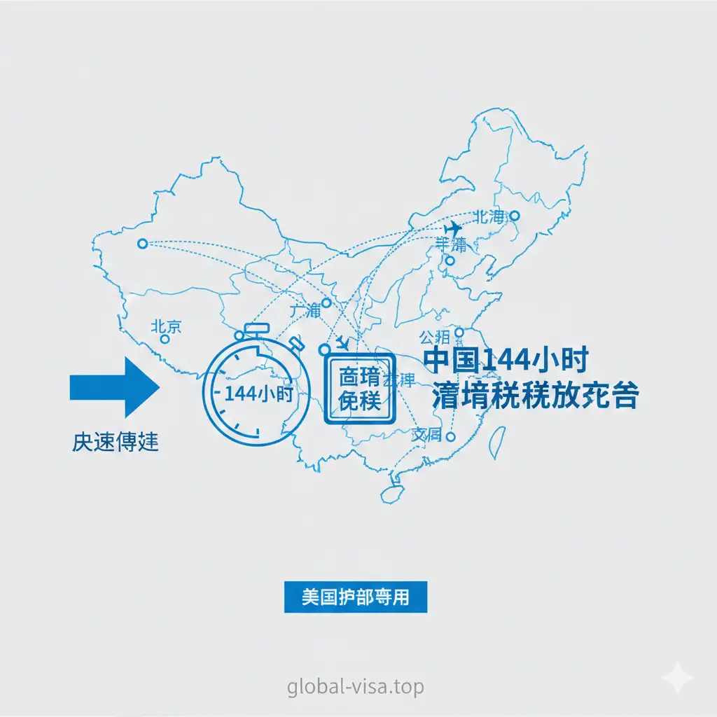 一张直观展示中国144小时过境免签政策的功能图。背景是一张现代感十足的中国地图，重点标注出北京、上海、广州等主要入境城市，并配以飞机的航线轨迹。画面风格偏向扁平化商务插画，色彩以浅灰色为底，点缀科技蓝。图中包含计时器元素和免签印章图标，直观传达出‘免签、快速、便捷’的政策核心功能特点，排版整洁有序。