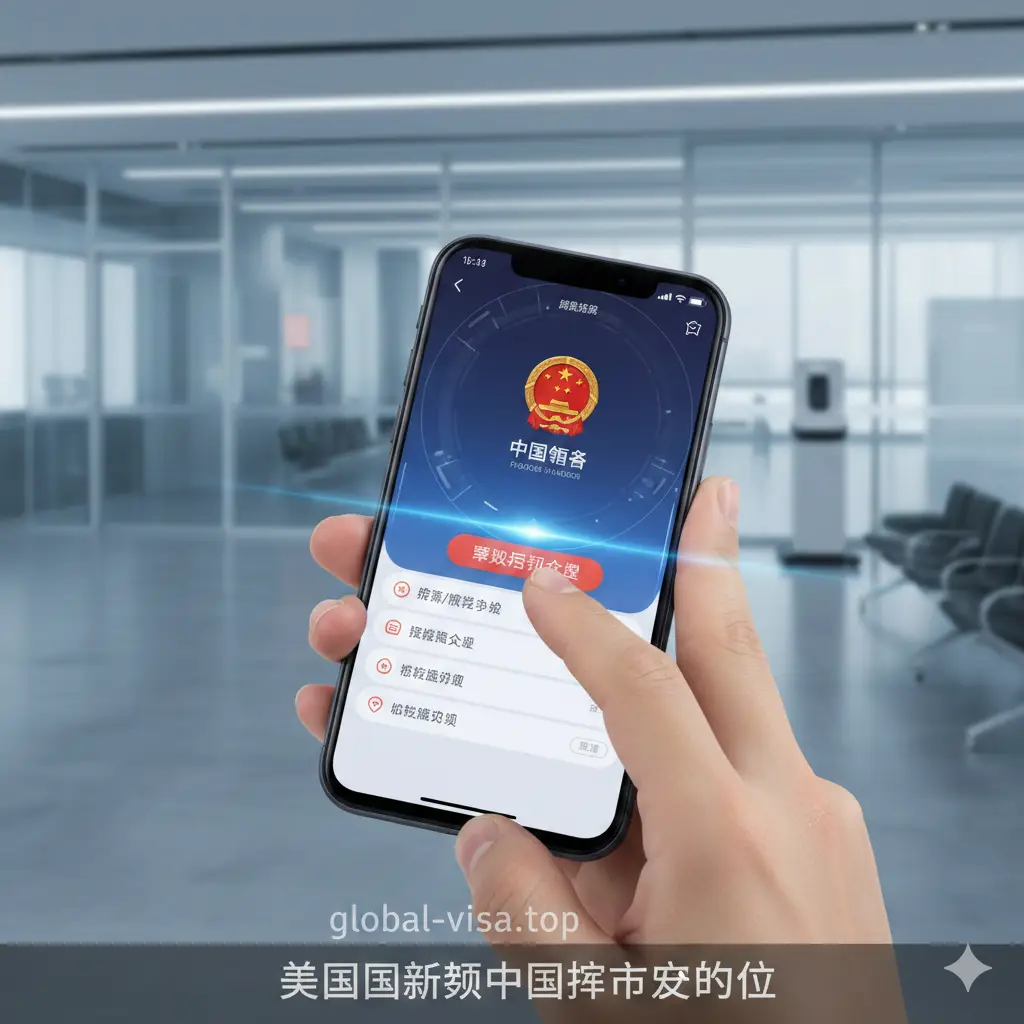 侧重于实操教程的场景图。特写镜头展示一只手握着智能手机，屏幕上清晰显示着‘中国领事’APP的图标或模拟界面。背景虚化，可以看到一个类似领事馆办公大厅或指纹采集仪器的轮廓，暗示‘到馆采集指纹’的新规。光线科技感强，突出数字化申请的便捷性与指纹预约的重要性，引导用户关注APP操作细节。