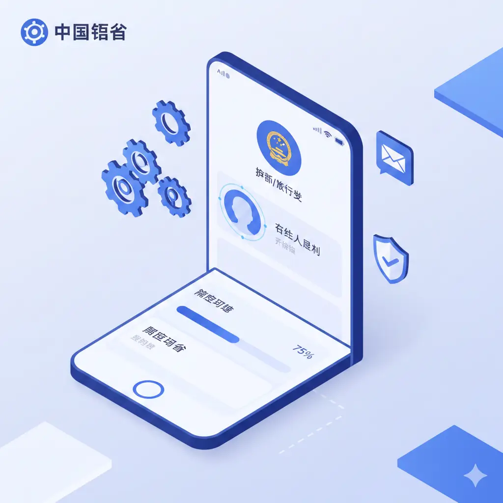 展示‘中国领事’APP核心功能特性的插图。画面采用3D等距视角（Isometric），展示手机屏幕上排列整齐的功能模块：如‘护照/旅行证’图标、在线人脸识别示意、以及进度跟踪进度条。周围环绕着象征数字化的齿轮、信封和安全盾牌元素。配色使用清爽的商务蓝和白色，传达出线上办证的便捷、安全与高效特性，视觉风格干净整洁。
