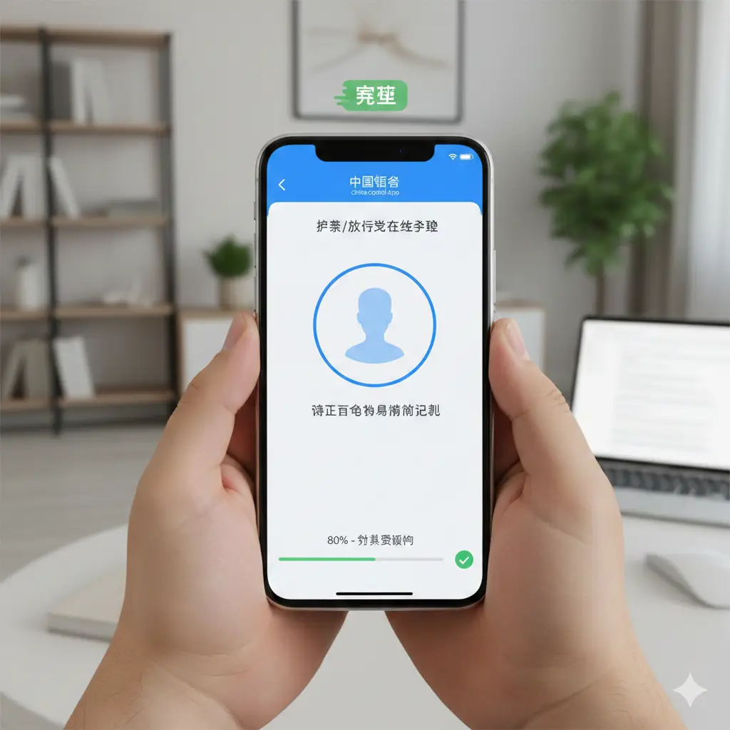 A close-up shot of a person's hands holding a modern smartphone, displaying the 'China Consul' app interface or a generic facial recognition verification screen. The background is a blurred, modern living room or home office, representing the 'apply from home' convenience. Digital UI elements like a progress bar or a 'Success' icon float slightly above the phone screen to illustrate the digital application process. The image has a tech-savvy but user-friendly vibe.