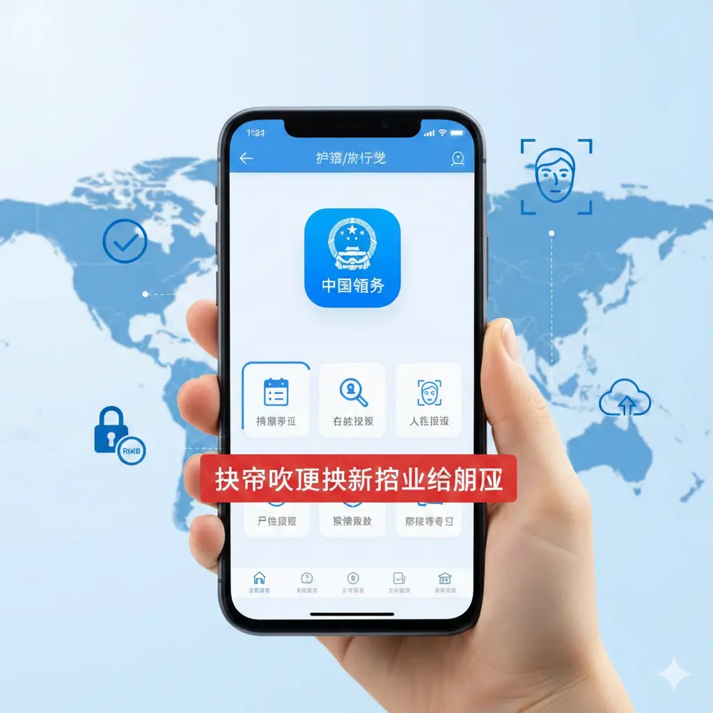 一张现代化的功能展示图，侧重于移动端申请。画面展示一只手拿着智能手机，屏幕上清晰显示‘中国领事’APP的图标和申请界面，背景是模糊的全球地图背景，象征海外华人使用。色彩以科技蓝和简洁白为主，周围环绕着象征在线审核、人脸识别和安全支付的线性图标。构图采用中景镜头，突出手机操作的便捷性，体现护照过期换新护照流程中数字化的特点。