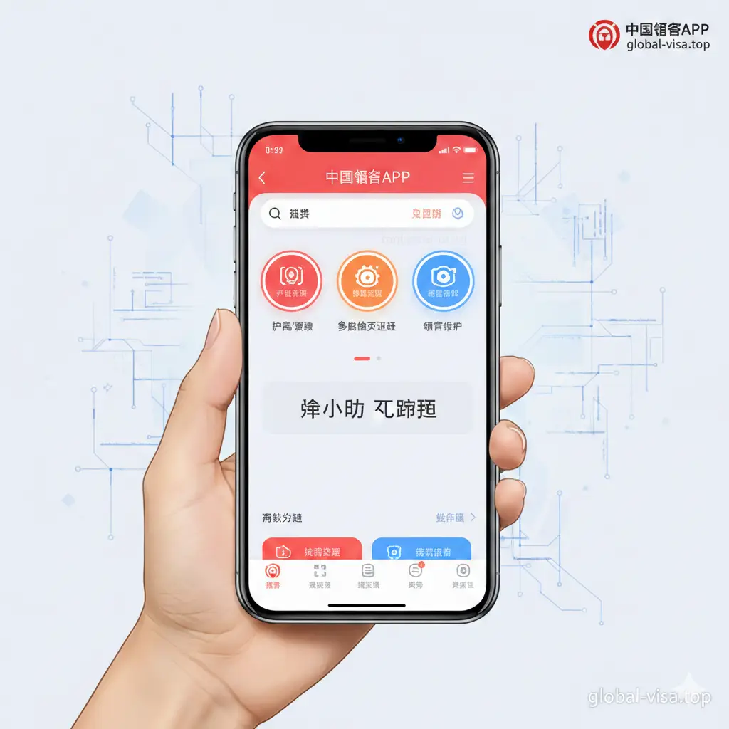 一张展示中国领事APP核心功能的逻辑图。画面中一只手拿着手机，屏幕上清晰显示护照申请、养老金资格认证、领事保护等功能图标。背景简洁清爽，采用扁平化UI设计风格，点缀有代表数字化、安全加密的科技线条。色彩以中国红和科技蓝为主，展示‘掌上办、零跑腿’的高效便捷感。
