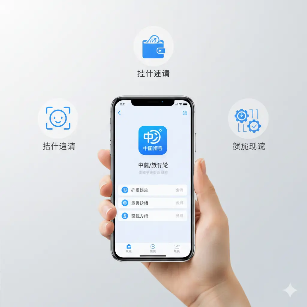 展示‘中国领事’APP核心功能的视觉图。画面中一只手拿着智能手机，屏幕上清晰显示APP的中文图标及‘护照/旅行证’业务办理界面。手机周围悬浮着代表身份验证、在线支付（微信/支付宝图标）和进度追踪的扁平化UI图标。背景为干净的浅灰色，整体色调清爽、极具科技感，突出‘线上办理’的高效与便利。