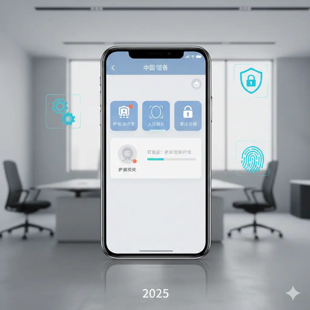 展示‘中国领事APP’核心功能的视觉设计图。画面中央是一部智能手机，屏幕上清晰显示着护照换发、人脸识别和在线进度查询的UI界面。手机周围悬浮着代表数字化、安全加密和指纹采集的科技感图标。背景干净，采用浅灰色的极简室内办公风格，重点突出2025年恢复指纹采集后的智能化、便捷化流程特性。