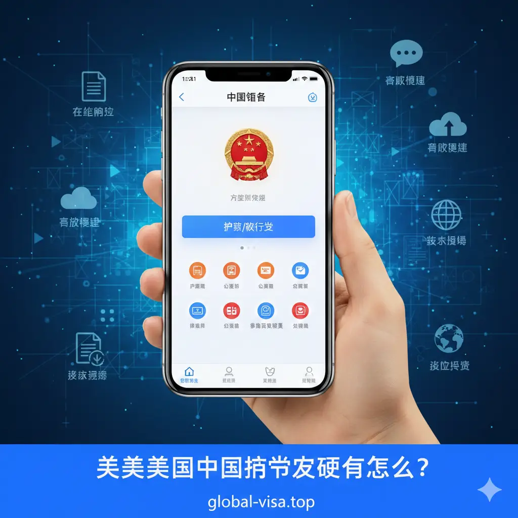 展示‘中国领事APP’功能特性的视觉图。画面中一只手拿着智能手机，屏幕上清晰显示着‘中国领事’APP的图标和办理护照的界面。背景点缀着一些数字化的线条和图标，象征着在线办理的高效与便捷。整体风格现代、简约，采用扁平化设计元素，强调数字化政务的便利性。