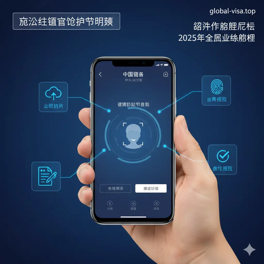 一张侧重于科技感与操作指引的图片。画面主体是一只手拿着智能手机，屏幕上清晰显示着“中国领事”APP的图标或模拟的操作界面（如人脸识别框或表格填写页面）。周围漂浮着半透明的图标元素，如“上传照片”、“身份核验”、“在线填表”，用连接线串联，象征数字化办理流程的便捷。背景采用科技蓝渐变色，体现2025年全面线上办理的高效与现代化。