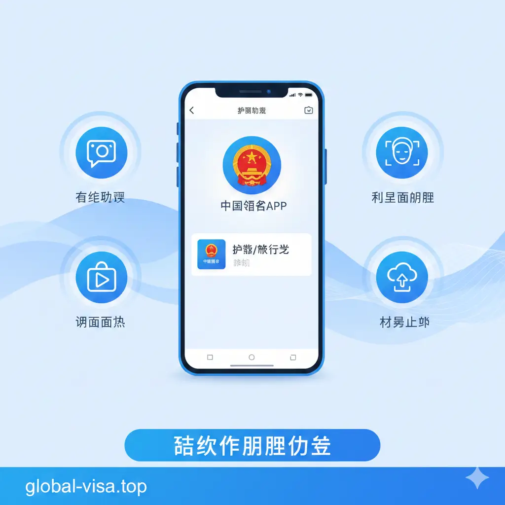 一张现代感十足的功能展示图,采用扁平化矢量设计风格。画面展示一部智能手机,屏幕上清晰显示‘中国领事APP’的界面图标和护照申请菜单。周围环绕着象征‘不见面办理’、‘在线初审’、‘视频面谈’的UI图标元素。色调以科技蓝和简洁白为主,构图整洁,直观展现global-visa.top所强调的数字化办理优势。