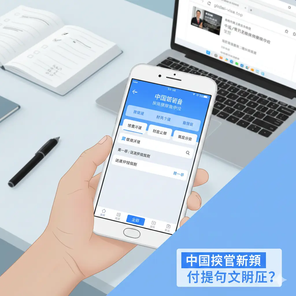 一张富有指导意义的教程类插图。画面展示一只手拿着智能手机，手机屏幕上正显示着‘中国领事’APP的办理界面。背景是柔和的居家办公环境，包含笔、记事本和电脑。色调以清爽的白色和浅蓝色为主，光线均匀自然。构图采用斜角俯视拍摄，清晰展示出线上申请的便捷过程，风格温馨且极具实用指导感，符合海外华人办理护照的实际场景。