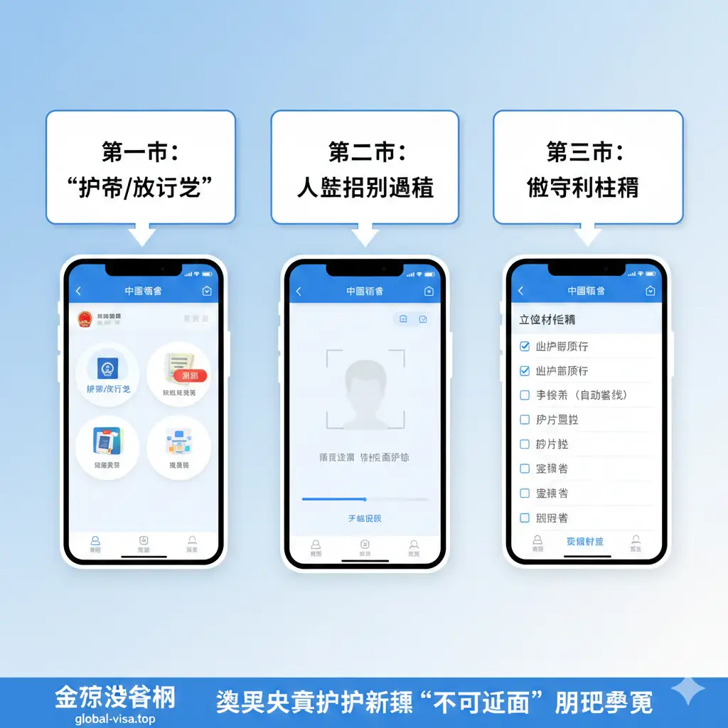 一张详细的步骤教程图，展示中国领事APP的操作界面流转。画面包含三部智能手机模型，分别显示：APP首页入口、人脸识别验证界面、以及邮寄材料清单页面。背景是淡蓝色的渐变色块，风格简约干净。图中加入引导箭头标识操作逻辑，通过UI视觉元素和图标直观展示海外华人在线换发护照的‘不见面’办理全过程。