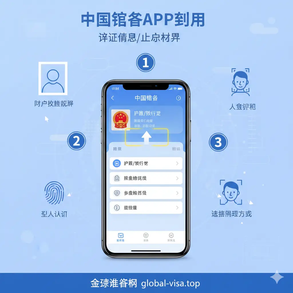 一张侧重于‘中国领事APP’操作的教程图片。展示一部现代智能手机，屏幕上运行着中国领事APP的界面。手机旁围绕着表示步骤的数字小图标（1, 2, 3）。背景是淡蓝色的科技感底纹，包含照片拍摄规范和人脸识别的示意图形。构图紧凑，强调‘手把手’教学的易操作性和准确性。