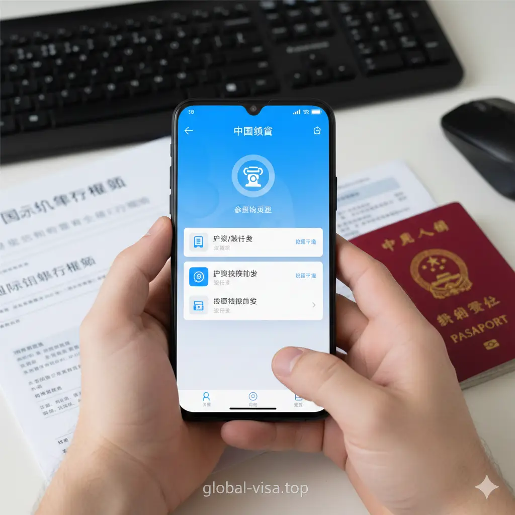 针对海外用户的中国领事APP实操教程示意图。画面展示一只手拿着智能手机，屏幕上清晰显示着‘中国领事’APP的蓝白色调登录界面或护照换发业务选择页面。手机周围散落着一些国际元素，如机票行程单和护照封套。背景虚化，强调手机屏幕的操作感，采用第一人称视角构图，使读者产生代入感，体现出‘线上办理’的便捷性和科技感。