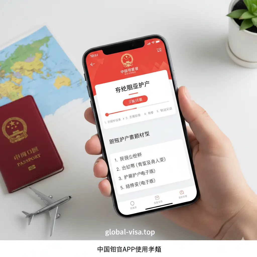一张关于‘中国领事’APP在线办理的教程指导图。画面展示一只手拿着智能手机，屏幕上清晰显示APP的操作界面和护照申请进度条。手机旁散落着一些出境旅游相关的元素如小飞机模型或护照夹。背景略微模糊，突出手机屏幕的内容。风格清爽且具科技感，步骤感强，色彩以APP标志性的中国红和白色为主。