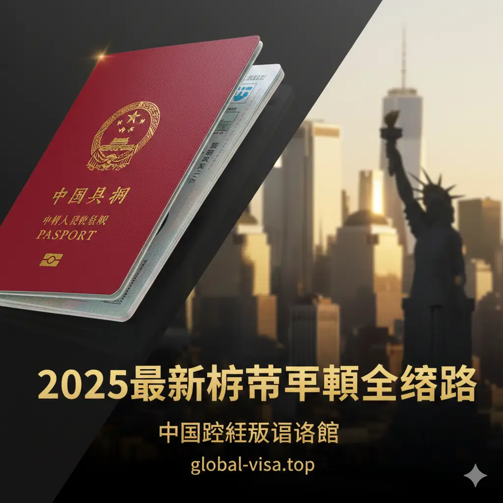 一张大气且专业的封面图，左侧展示一本醒目的中国红护照，右侧背景为隐约的纽约曼哈顿天际线与自由女神像剪影，体现‘纽约领事馆’地域属性。画面中央使用醒目的中文字体书写‘2025最新护照更新全攻略’。色调以红色和金色为主，风格现代、权威且极具视觉冲击力，采用45度斜角构图，光影感强。