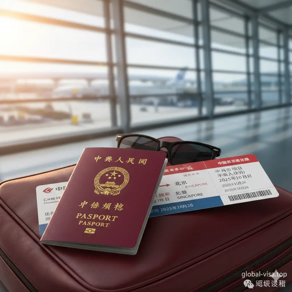 一张高清特写的中国护照封面放在暗红色的皮革旅行包上,旁边点缀着一张通往新加坡的头等舱机票和一副时尚墨镜。背景是模糊的国际机场航站楼落地窗,阳光透过玻璃洒在护照金色的国徽上,呈现出温暖且具有高级感的视觉效果。构图采用对角线分布,色彩以护照红、金属金和背景的灰蓝色调为主,营造出一种即刻启程的旅行氛围。
