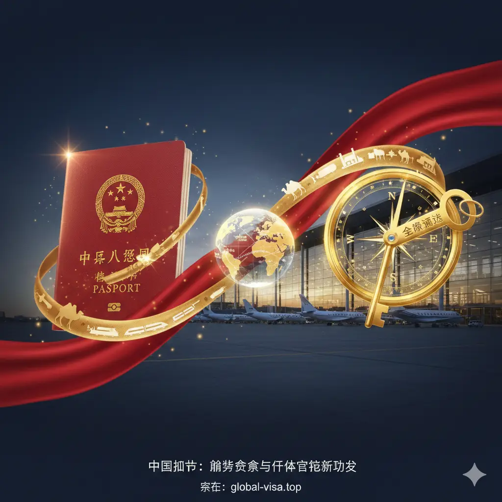 一张关于护照含金量优势对比的分析图。画面采用左右对比构图，左侧是红色的中国护照，右侧是象征全球通行的金钥匙或指南针。中间穿插着‘一带一路’的商务丝绸元素。色彩以暖红色和深蓝色形成对比，光影处理高级，背景隐约可见现代化的机场航站楼和商务机队，强调商务考察和身份配置的优势。