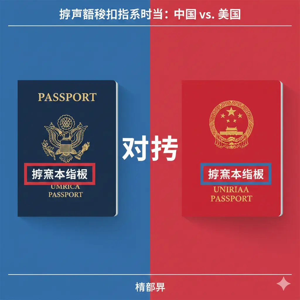 功能特性图,用于解释 Passport Book Number 的概念和中国护照上的区别。画面应并列展示两个概念:左侧是一个带有醒目“Book No.”或序列号的美国护照局部(概念图),右侧是一个中国护照局部,旁边清晰写着“护照号码 (Passport No.)”的标签。