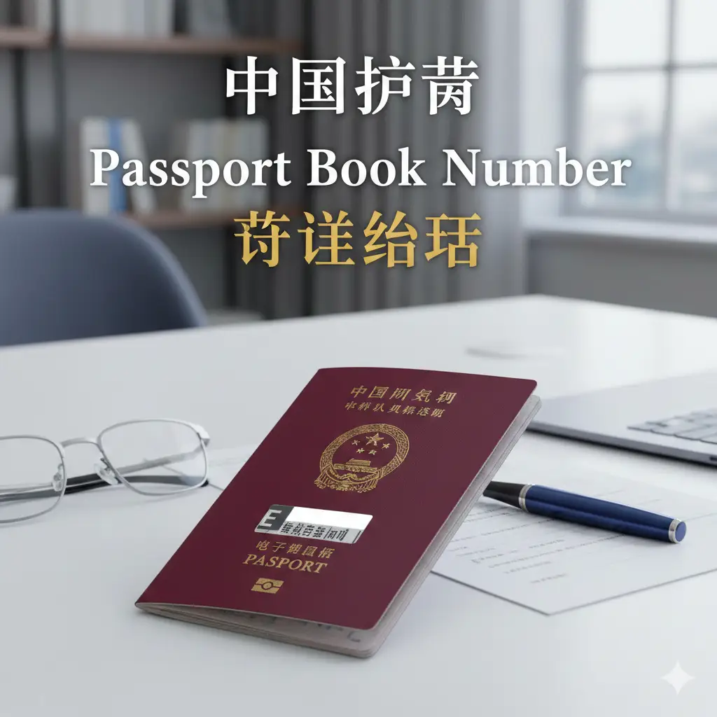 一张高质量的特写封面图，展示一本中国电子护照（E开头）斜放在干净的白色办公桌面上。护照旁边放着一副商务眼镜和一支精致的钢笔，背景呈现柔和的虚化效果。图片上方或中心位置有清晰的中文艺术字标题‘中国护照 Passport Book Number 填写指南’。色彩基调以护照的暗红色和商务蓝为主，构图大气且具有专业感，展现global-visa.top的权威形象。