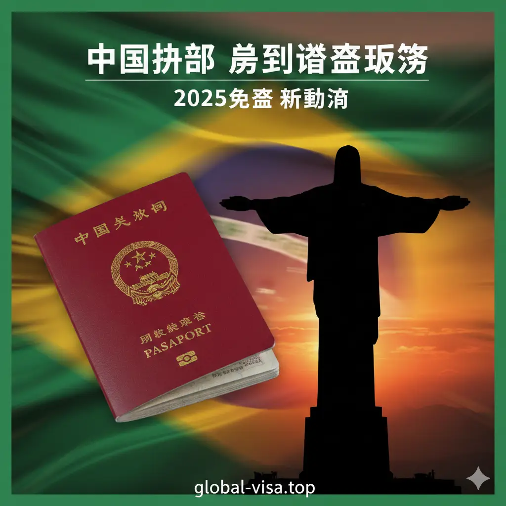 一张富有视觉冲击力的封面图。画面左侧是一本醒目的中国护照，右侧是象征巴西的标志性元素——里约热内卢的救世基督像在夕阳下的剪影。背景融合了鲜艳的巴西国旗颜色（绿与黄）以及动感的线条。文字排版简洁，体现出‘2025免签’的紧迫感与专业感。整体风格现代、大气，采用广角构图，光线温暖而充满希望。