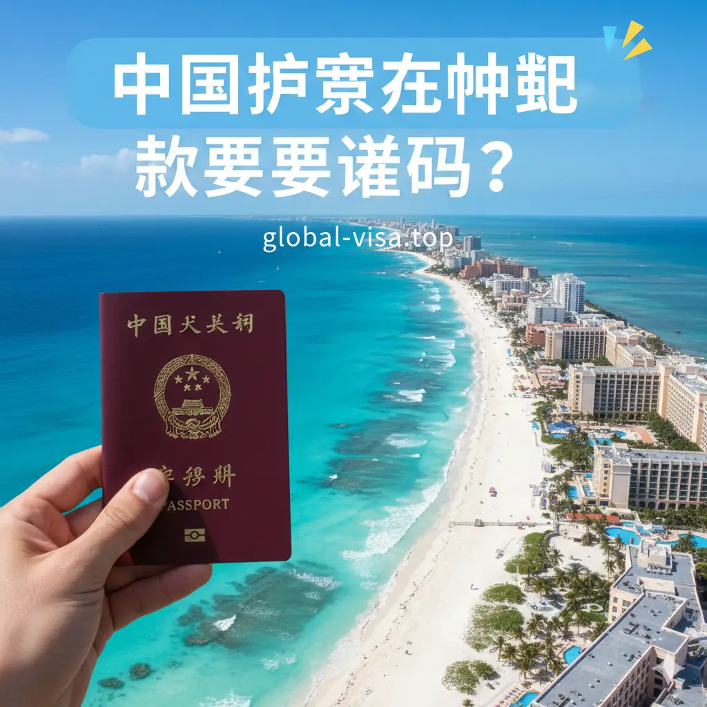 一张高质量的旅游背景图。左侧近景是一位穿着休闲的旅行者手持一本深红色的中国护照，背景是坎昆著名的‘7字形’酒店区海岸线，蔚蓝的加勒比海与洁白的沙滩层次分明。画面上方有醒目的中文标题‘中国护照去坎昆需要签证吗？’，字体采用现代简约风格，色彩明快，充满度假氛围，构图采用三分法，视觉焦点集中在护照与美景的结合上。