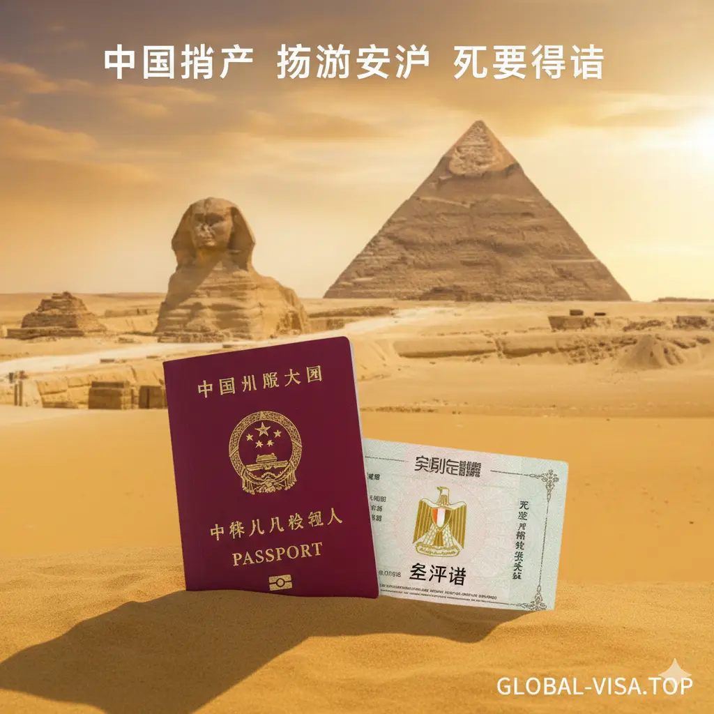 一张极具视觉冲击力的封面图。画面背景是宏伟的埃及吉萨金字塔和狮身人面像，夕阳余晖洒在黄沙上，呈现温暖的金色调。画面前景是一本清晰的红色中国护照，倾斜摆放在沙丘上或由游客手持。构图采用大景深，远景庄严，近景突出。色彩明亮，整体氛围充满旅行探索的仪式感，体现中国护照去埃及说走就走的便捷性。