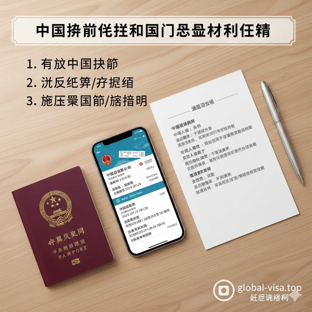 教程指导风格的图片。画面展示一张干净的旅行办公桌面，桌上整齐摆放着中国护照、一部显示着电子机票的手机、一份酒店预订单和一支笔。画面通过清晰的视觉引导，展示入境所需的必要文件清单。光线明亮柔和，色调清新自然，采用斜上方45度摄影构图，让读者一眼就能看懂前往免签国家需要准备的核心材料。