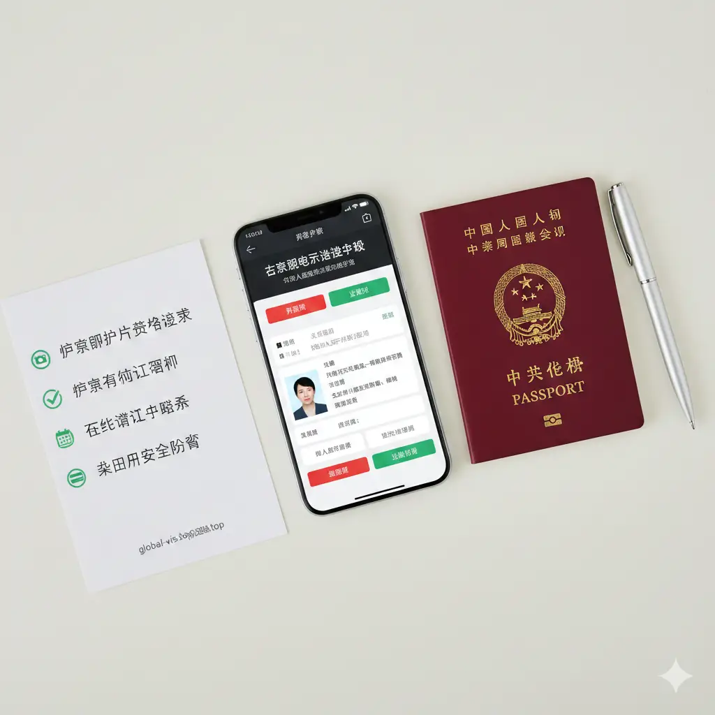 一个整洁的办公场景视角,桌面上一部智能手机正显示着土耳其eVisa的申请页面,旁边是一本打开的中国护照和一支钢笔。画面左侧有一张清晰的清单,列出了护照照片规格、有效期检查、信用卡支付等关键步骤的图标。光线明亮柔和,采用俯视构图(Flat Lay),色彩清新自然,旨在传达办理电子签证流程的简单与高效。