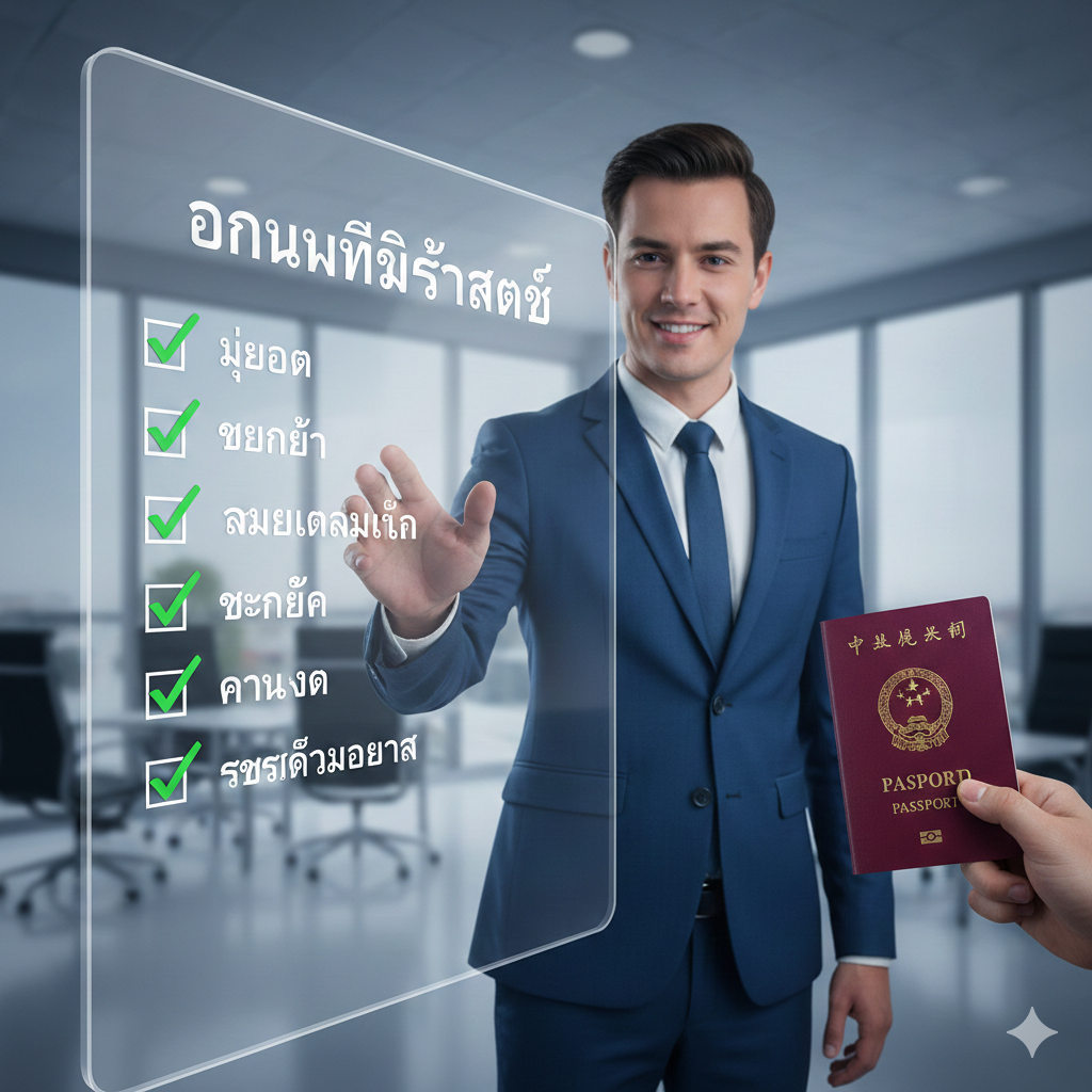 A professional business-style image illustrating the benefits of using a visa service. A smiling, professional consultant is pointing at a clear glass screen showing a checklist of successful visa approvals for Europe and North America. The background shows a modern office environment. The image emphasizes trust, speed, and expertise. The color palette uses professional blues and greys, contrasting with the red of the Chinese passport held by a client in the corner of the frame.